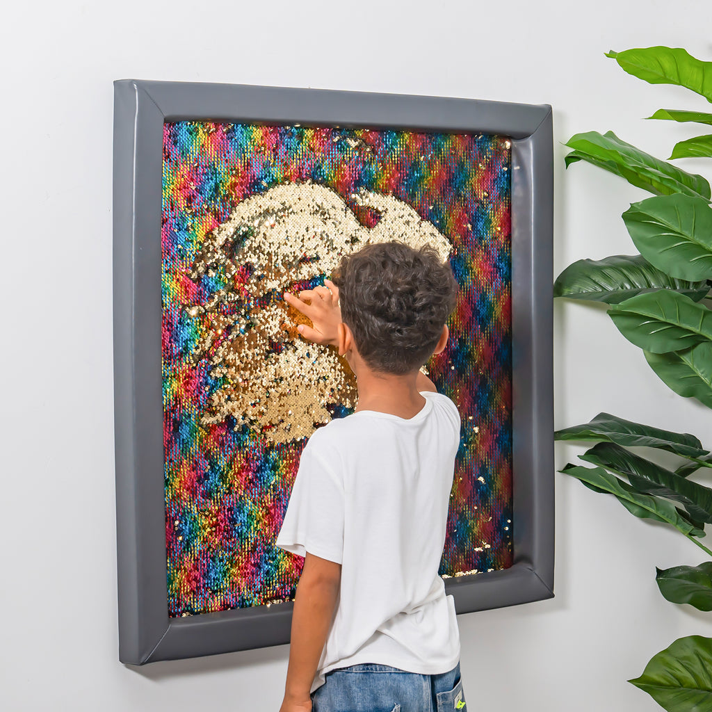 Rainbow Glow Sensory Sequin Board – 33"x33" Interactive Touch Panel with Padded Grey Frame