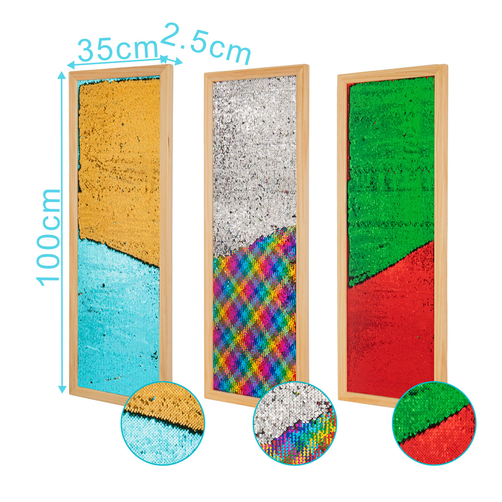 Narrow Color Flip Sequin Wall Panels – 3pc Sensory Boards with Wooden Frames for Home, Classrooms & Therapy