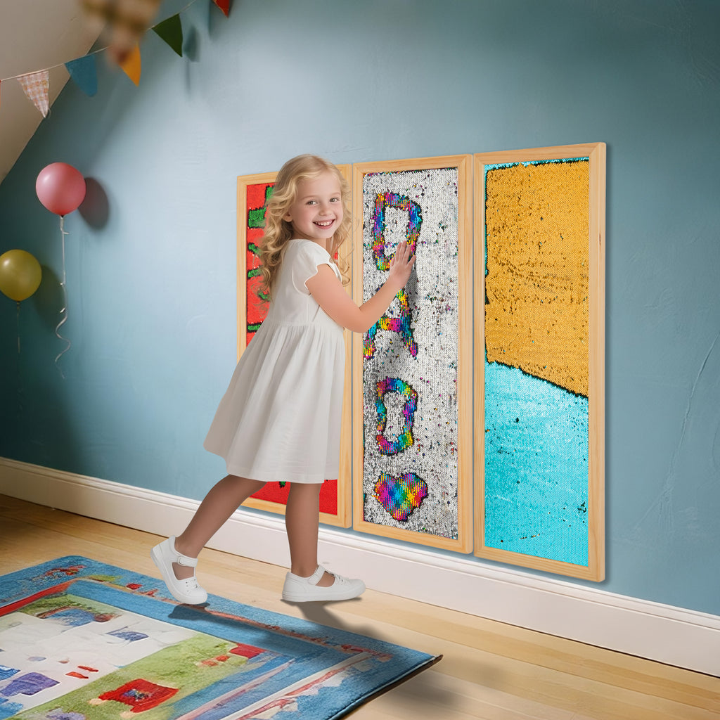 Narrow Color Flip Sequin Wall Panels – 3pc Sensory Boards with Wooden Frames for Home, Classrooms & Therapy