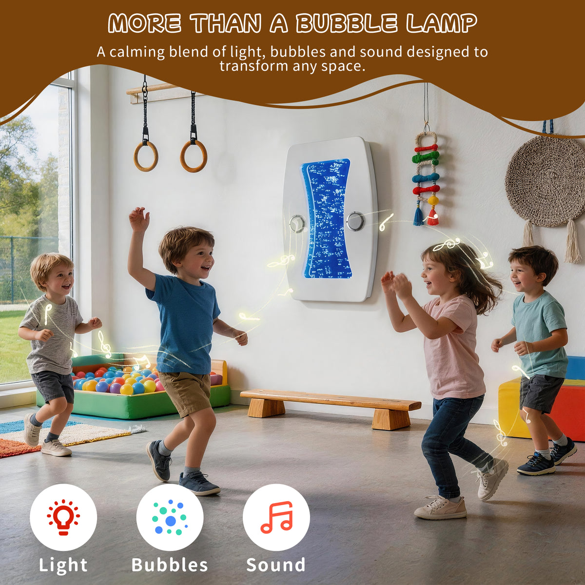 Bluetooth Musical Curved Sensory Bubble Wall Light (80x50cm) – Wall-Mounted LED Bubble Column with Built-In Surround Speakers, FM & Remote Control for Snoezelen & Sensory Rooms