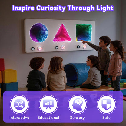 3-in-1 Interactive LED Infinite Sensory Wall Panel with Press & Spin Controls – Visual-Tactile Learning Tool for Kids, Sensory Rooms, Schools, Playgrounds, and Home Use