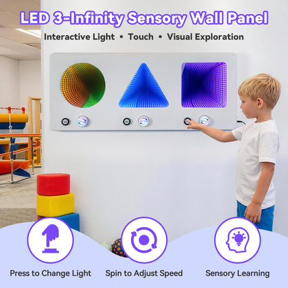 3-in-1 Interactive LED Infinite Sensory Wall Panel with Press & Spin Controls – Visual-Tactile Learning Tool for Kids, Sensory Rooms, Schools, Playgrounds, and Home Use