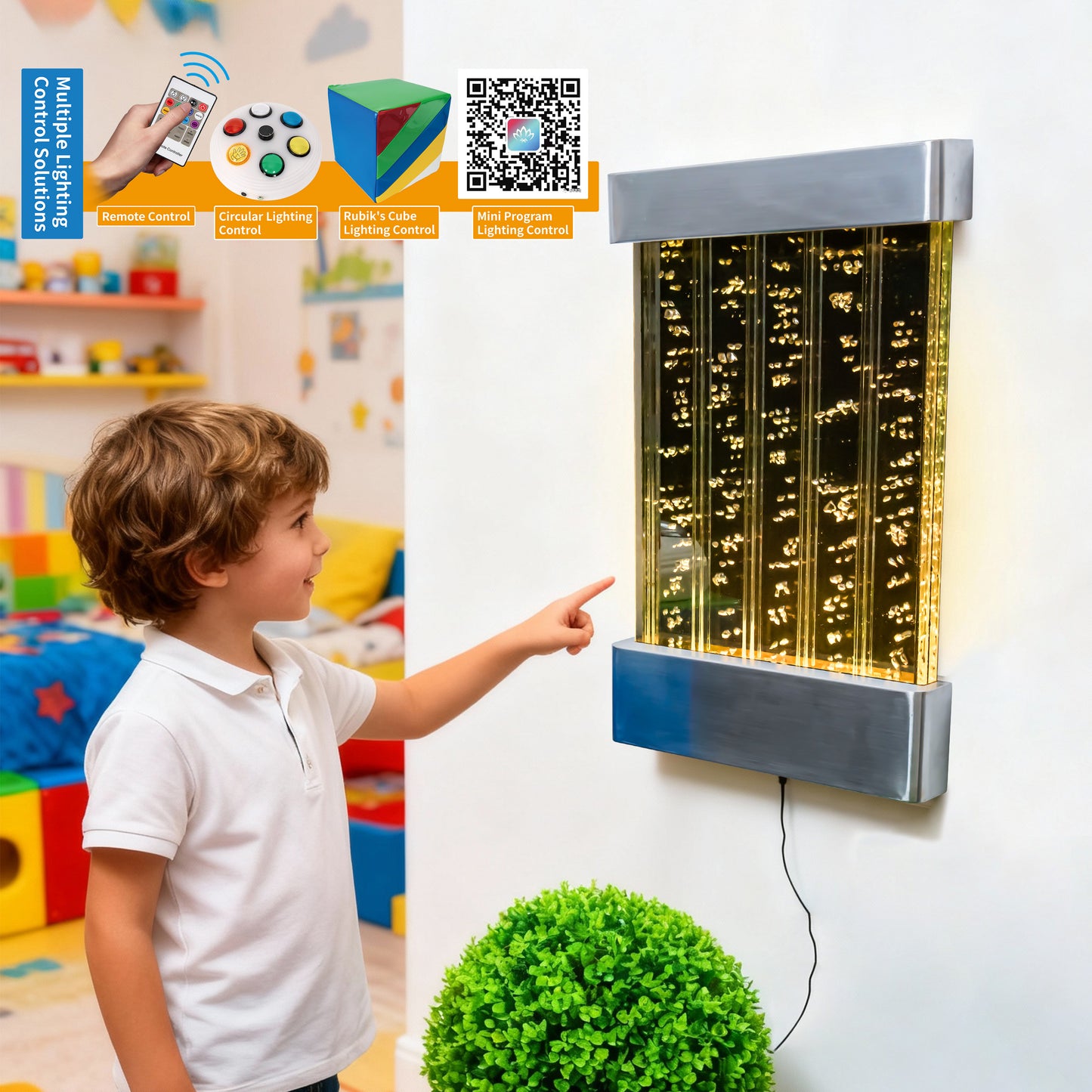 Wall-Mounted LED Bubble Wall Panel (24”×16”) – Stainless Steel Sensory Water Feature with Floating Fish, Vertical Bubble Stripes & Smart App Control