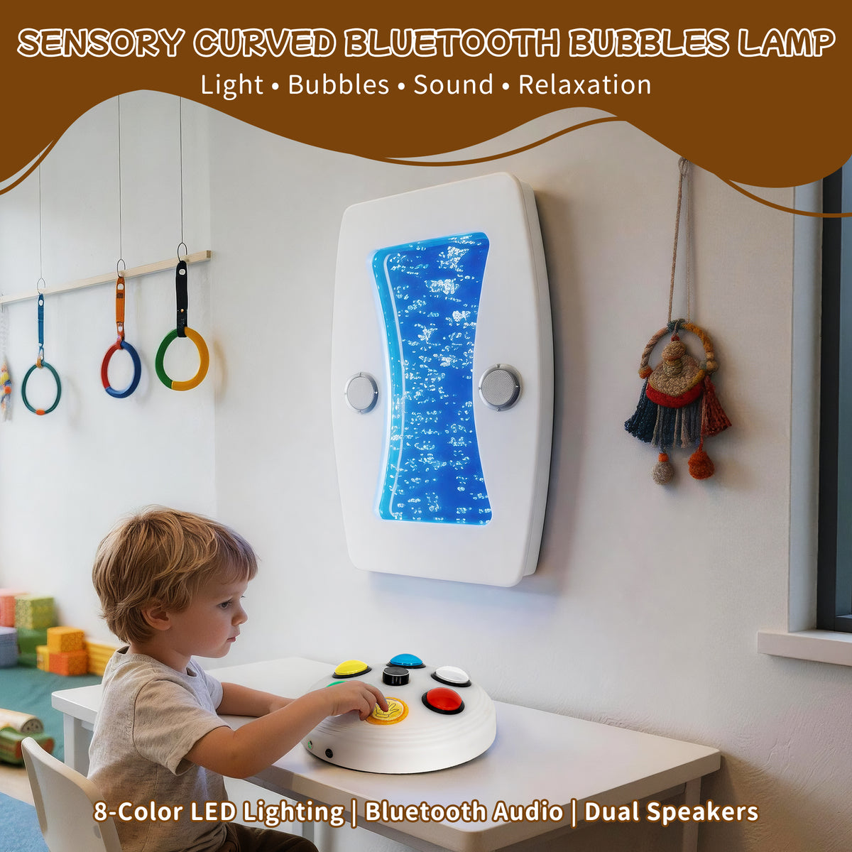 Bluetooth Musical Curved Sensory Bubble Wall Light (80x50cm) – Wall-Mounted LED Bubble Column with Built-In Surround Speakers, FM & Remote Control for Snoezelen & Sensory Rooms