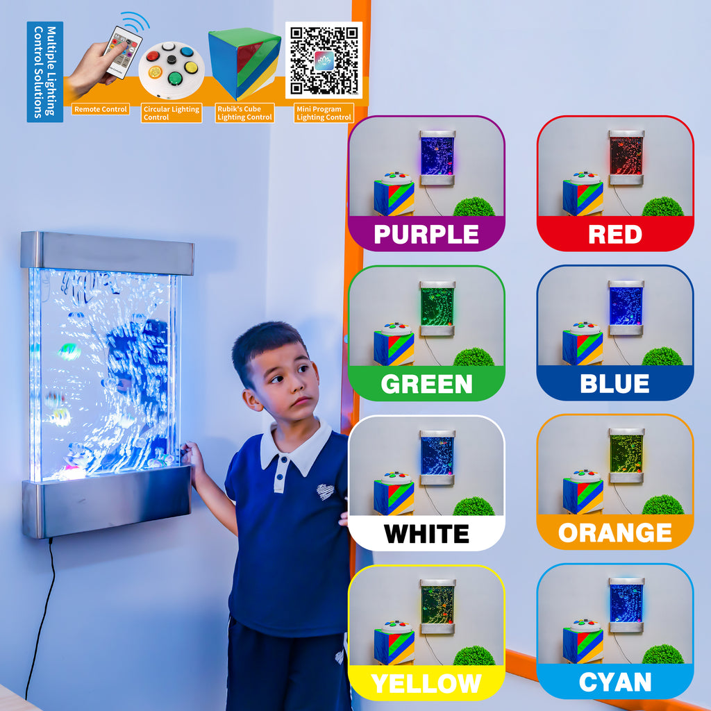 16″ × 24″ Stainless Steel LED Bubble Wall with Fish – Indoor Sensory Water Wall for Kids & Therapy Rooms (Round Display)