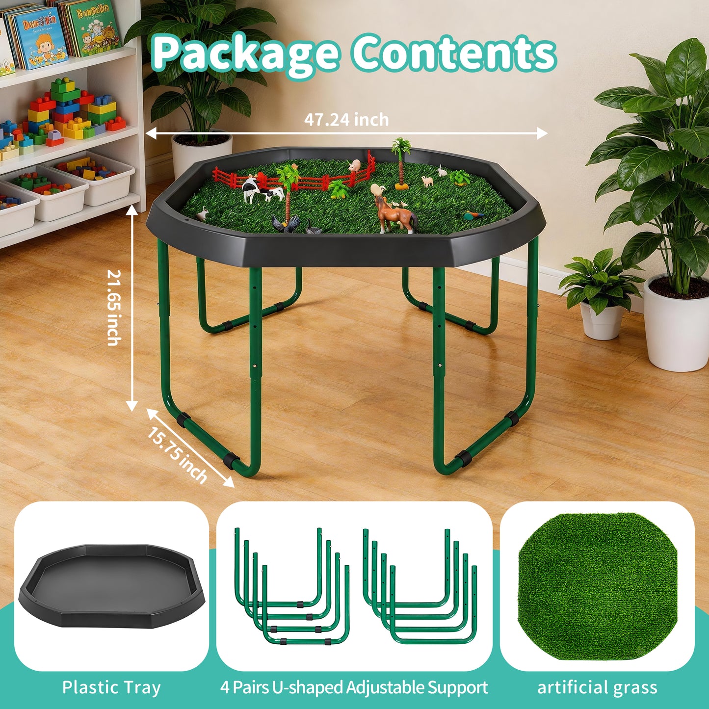 Adjustable Tuff Tray Sensory Activity Table with Stand & Artificial Turf Mat – 120cm Kids' Play & Learning Tray