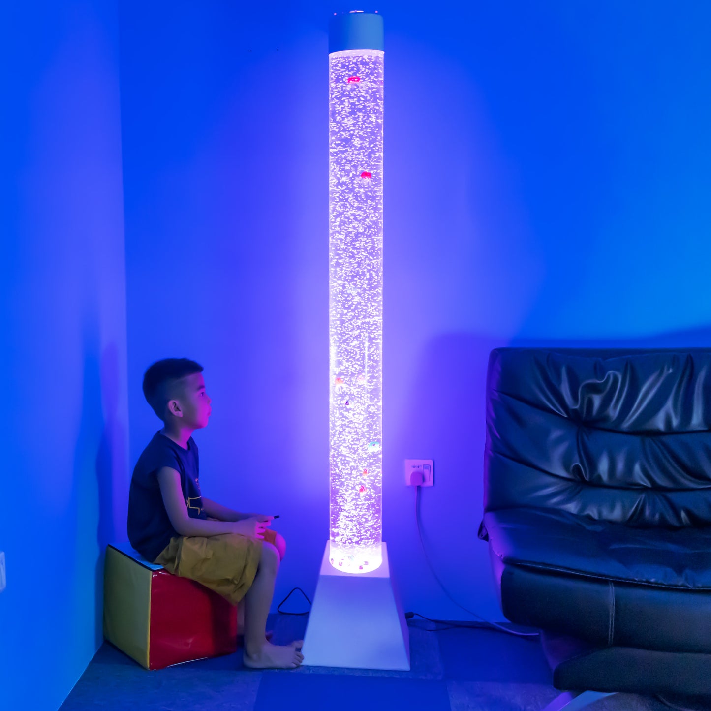70.9" Acrylic Sensory Bubble Tube Lamp with Trapezoid Base, Remote Control & Color-Changing LED Lights – Calming Water Bubble Light for Therapy & Home Décor