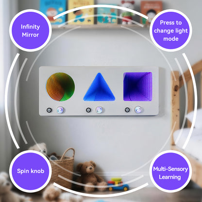 3-in-1 Interactive LED Infinite Sensory Wall Panel with Press & Spin Controls – Visual-Tactile Learning Tool for Kids, Sensory Rooms, Schools, Playgrounds, and Home Use