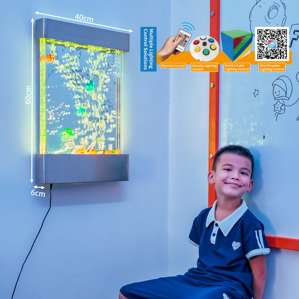 16″ × 24″ Stainless Steel LED Bubble Wall with Fish – Indoor Sensory Water Wall for Kids & Therapy Rooms (Round Display)