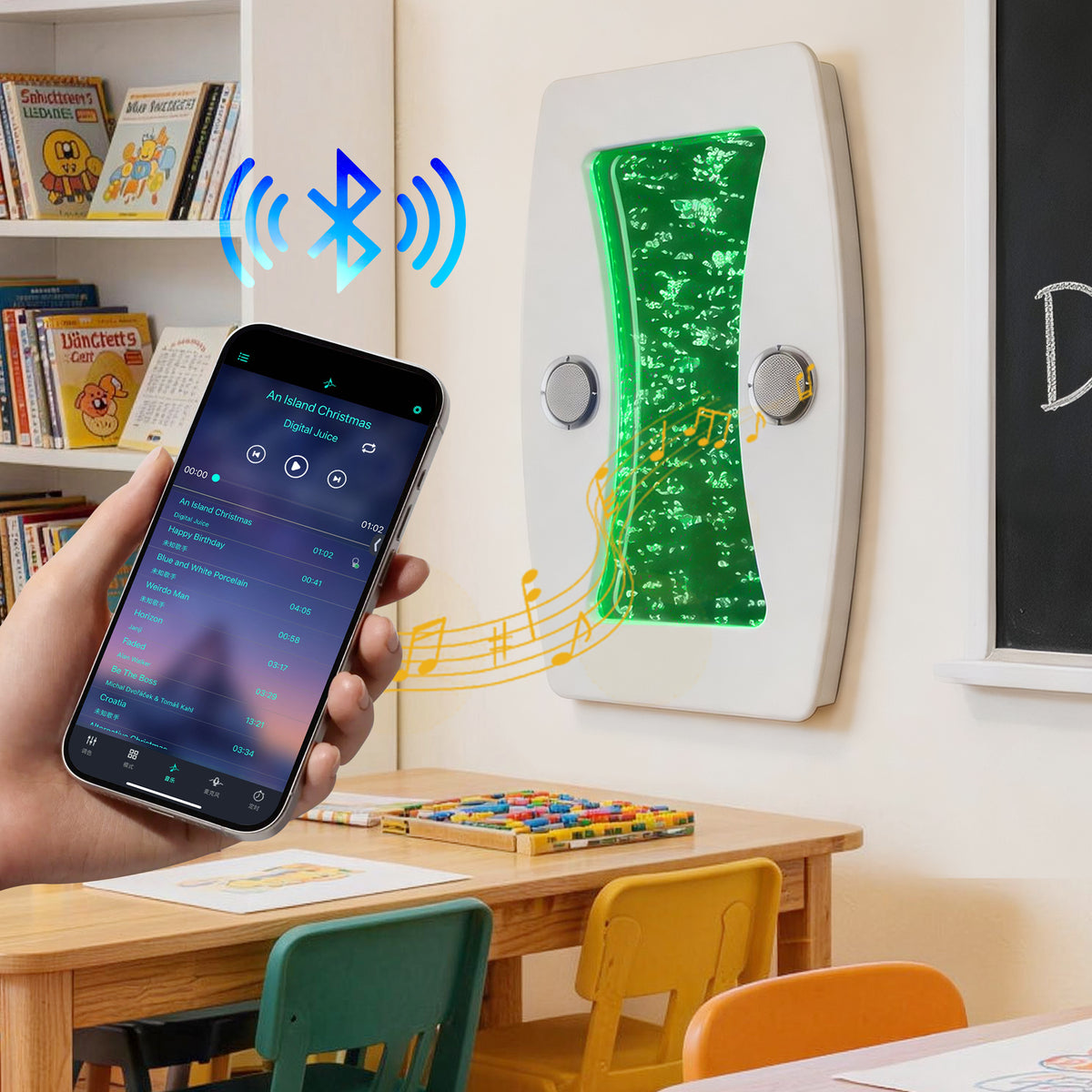 Bluetooth Musical Curved Sensory Bubble Wall Light (80x50cm) – Wall-Mounted LED Bubble Column with Built-In Surround Speakers, FM & Remote Control for Snoezelen & Sensory Rooms