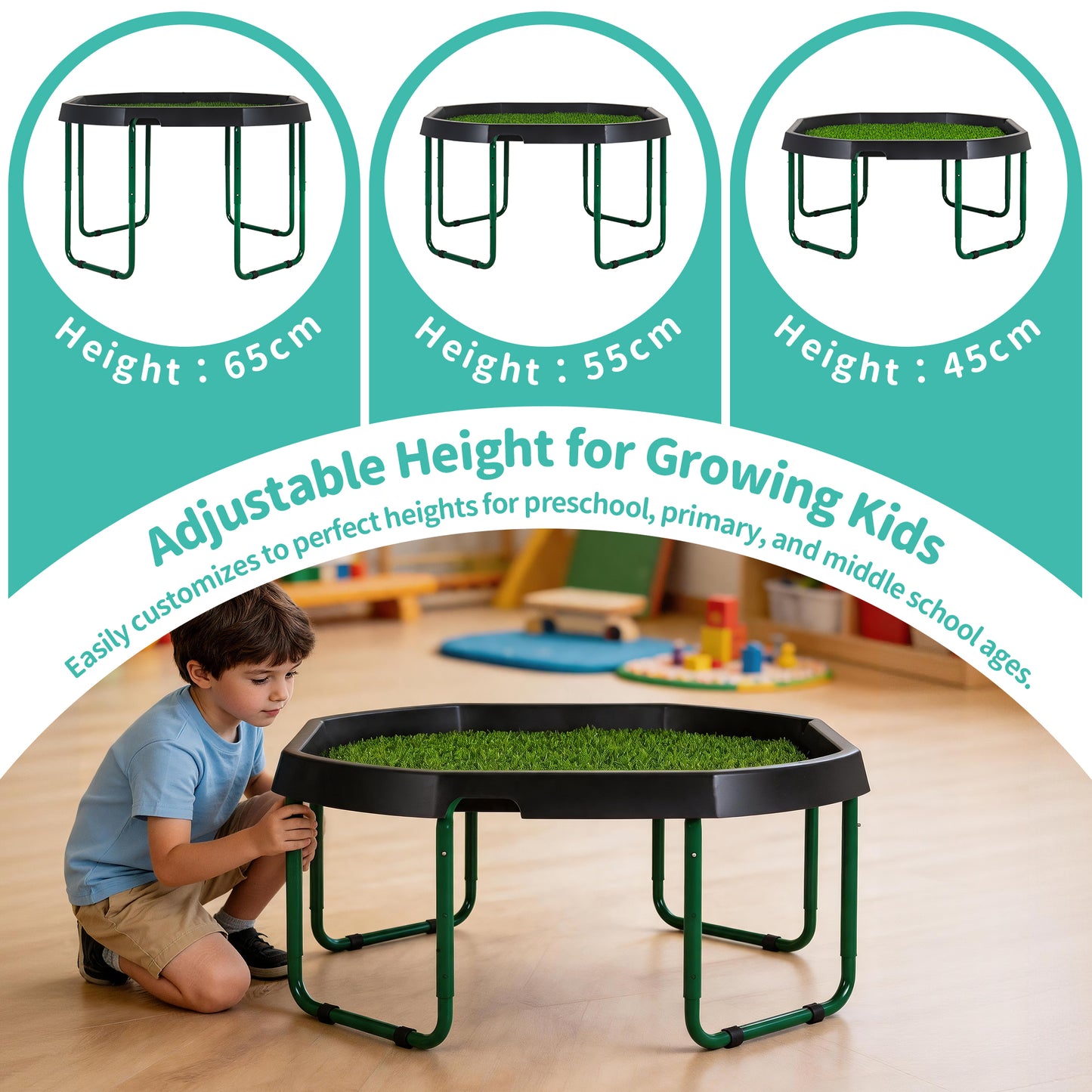Adjustable Tuff Tray Sensory Activity Table with Stand & Artificial Turf Mat – 120cm Kids' Play & Learning Tray