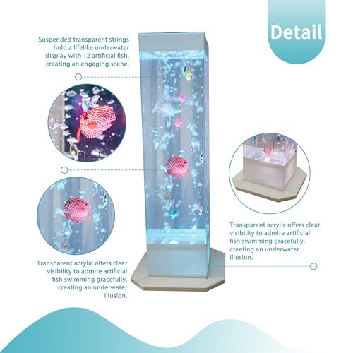 32 Inch 8-Color Changing Sensory Bubble Fish Lamp. Aquarium with 12 Artificial Fish for Home Decor. Mood Lighting - Ideal for Kids. Adults. ADHD & Autism