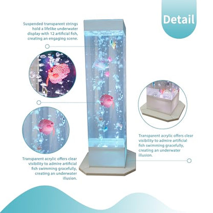 32 Inch 8-Color Changing Sensory Bubble Fish Lamp. Aquarium with 12 Artificial Fish for Home Decor. Mood Lighting - Ideal for Kids. Adults. ADHD & Autism