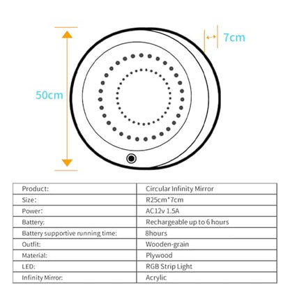Circle Infinity Mirror Sensory - Wall-Mountable & Floor-Standing - Ideal for Sensory Rooms & Autism Support - Features Multiple Light Changes & Smooth Wood Grain Finish