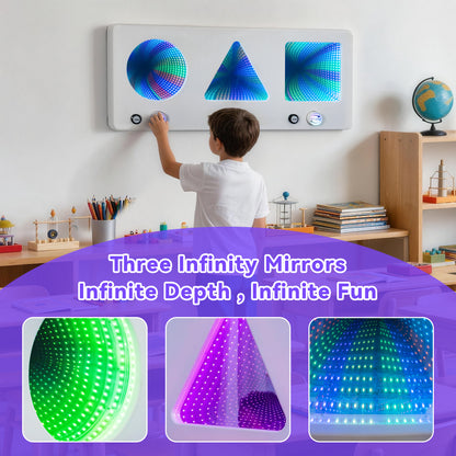 3-in-1 Interactive LED Infinite Sensory Wall Panel with Press & Spin Controls – Visual-Tactile Learning Tool for Kids, Sensory Rooms, Schools, Playgrounds, and Home Use