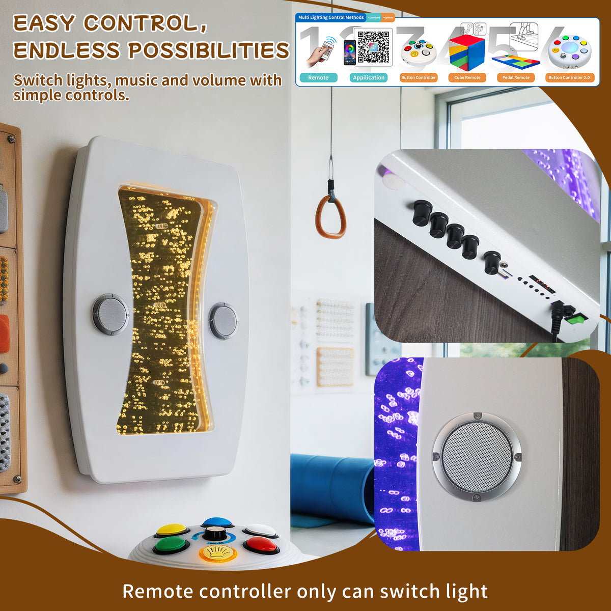 Bluetooth Musical Curved Sensory Bubble Wall Light (80x50cm) – Wall-Mounted LED Bubble Column with Built-In Surround Speakers, FM & Remote Control for Snoezelen & Sensory Rooms