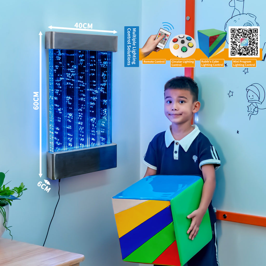 Wall-Mounted LED Bubble Wall Panel (24”×16”) – Stainless Steel Sensory Water Feature with Floating Fish, Vertical Bubble Stripes & Smart App Control