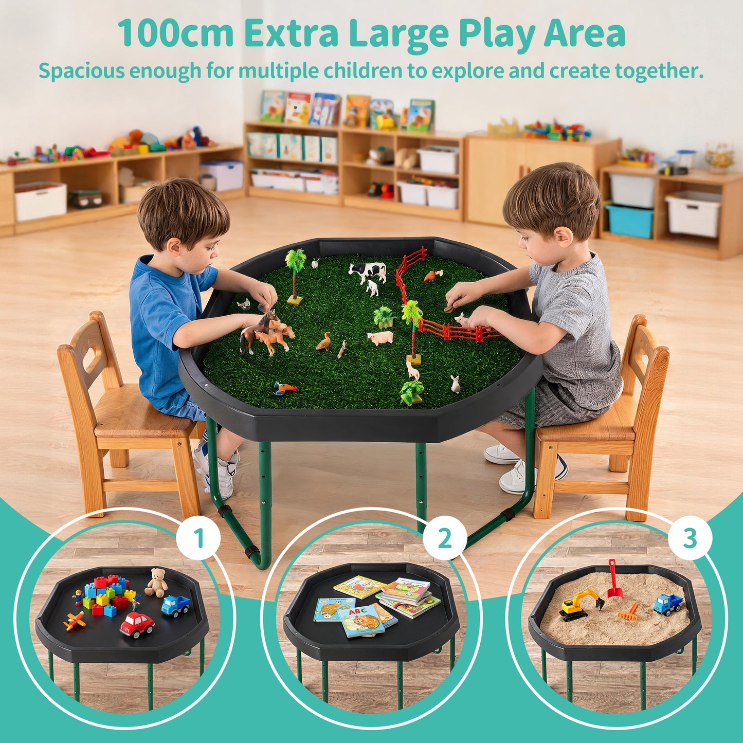 Adjustable Tuff Tray Sensory Activity Table with Stand & Artificial Turf Mat – 120cm Kids' Play & Learning Tray