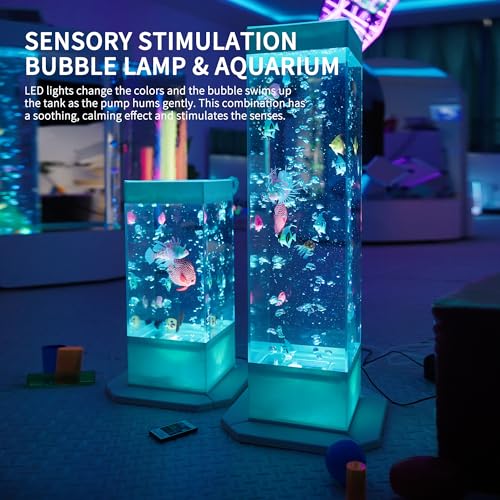 32 Inch 8-Color Changing Sensory Bubble Fish Lamp. Aquarium with 12 Artificial Fish for Home Decor. Mood Lighting - Ideal for Kids. Adults. ADHD & Autism