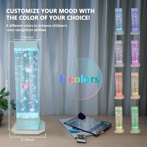 32 Inch 8-Color Changing Sensory Bubble Fish Lamp. Aquarium with 12 Artificial Fish for Home Decor. Mood Lighting - Ideal for Kids. Adults. ADHD & Autism