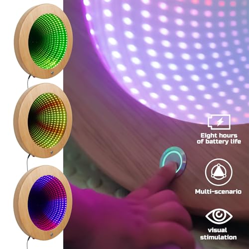 Circle Infinity Mirror Sensory - Wall-Mountable & Floor-Standing - Ideal for Sensory Rooms & Autism Support - Features Multiple Light Changes & Smooth Wood Grain Finish