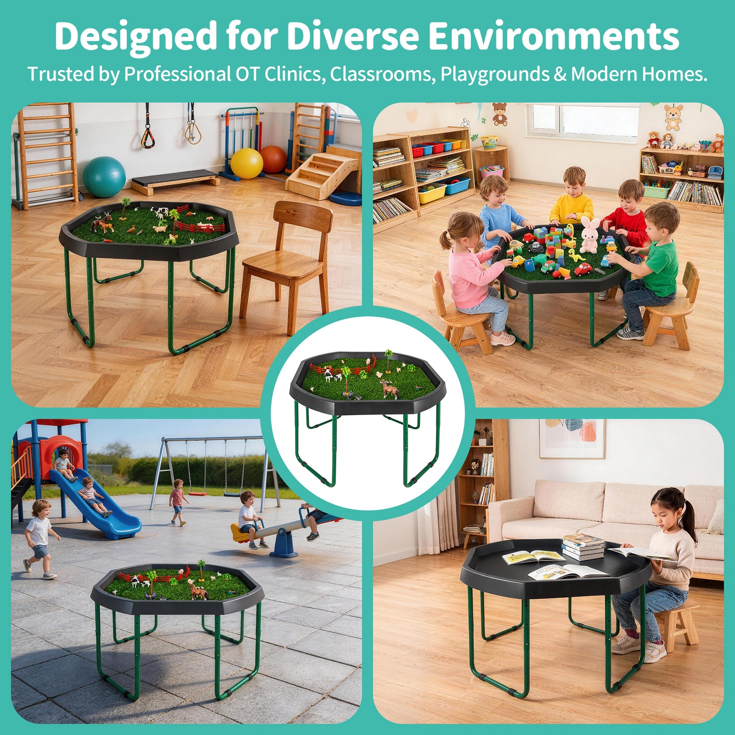 Adjustable Tuff Tray Sensory Activity Table with Stand & Artificial Turf Mat – 120cm Kids' Play & Learning Tray