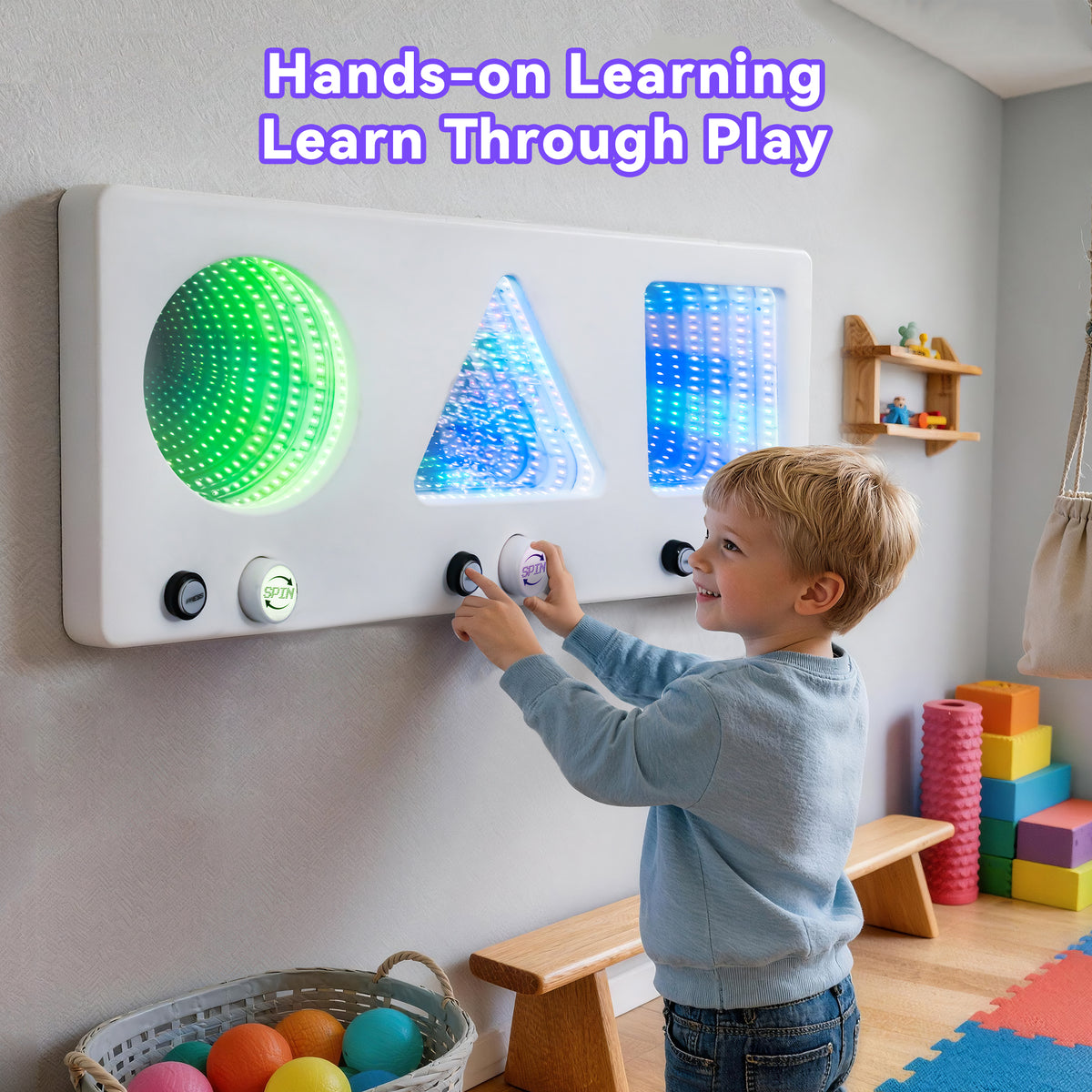 3-in-1 Interactive LED Infinite Sensory Wall Panel with Press & Spin Controls – Visual-Tactile Learning Tool for Kids, Sensory Rooms, Schools, Playgrounds, and Home Use
