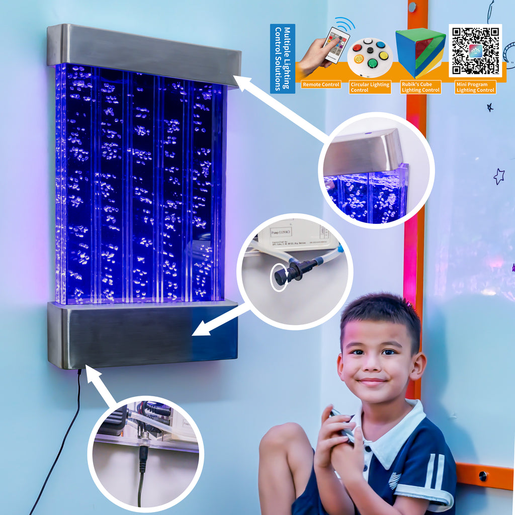 Wall-Mounted LED Bubble Wall Panel (24”×16”) – Stainless Steel Sensory Water Feature with Floating Fish, Vertical Bubble Stripes & Smart App Control