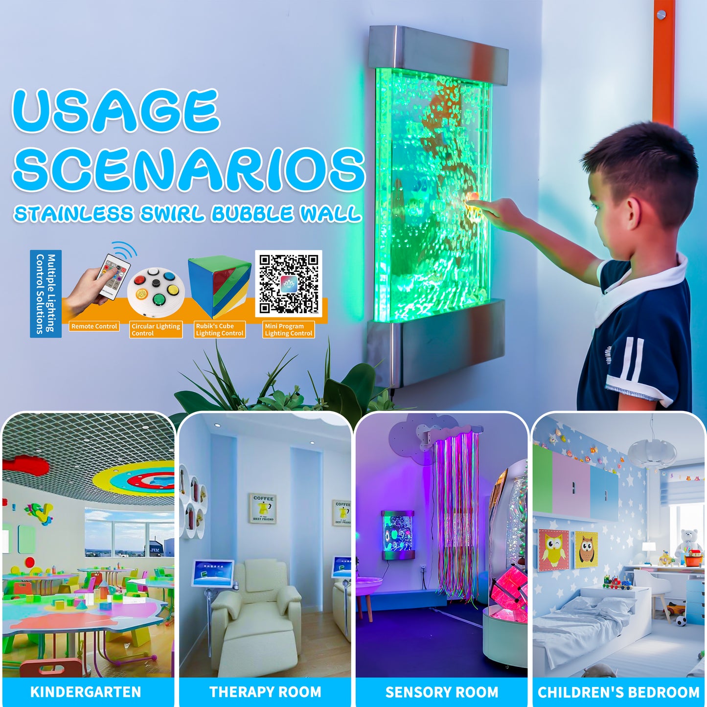 16″ × 24″ Stainless Steel LED Bubble Wall with Fish – Indoor Sensory Water Wall for Kids & Therapy Rooms (Round Display)