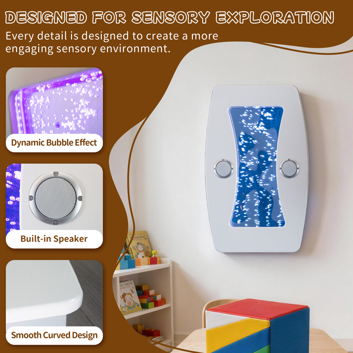Bluetooth Musical Curved Sensory Bubble Wall Light (80x50cm) – Wall-Mounted LED Bubble Column with Built-In Surround Speakers, FM & Remote Control for Snoezelen & Sensory Rooms