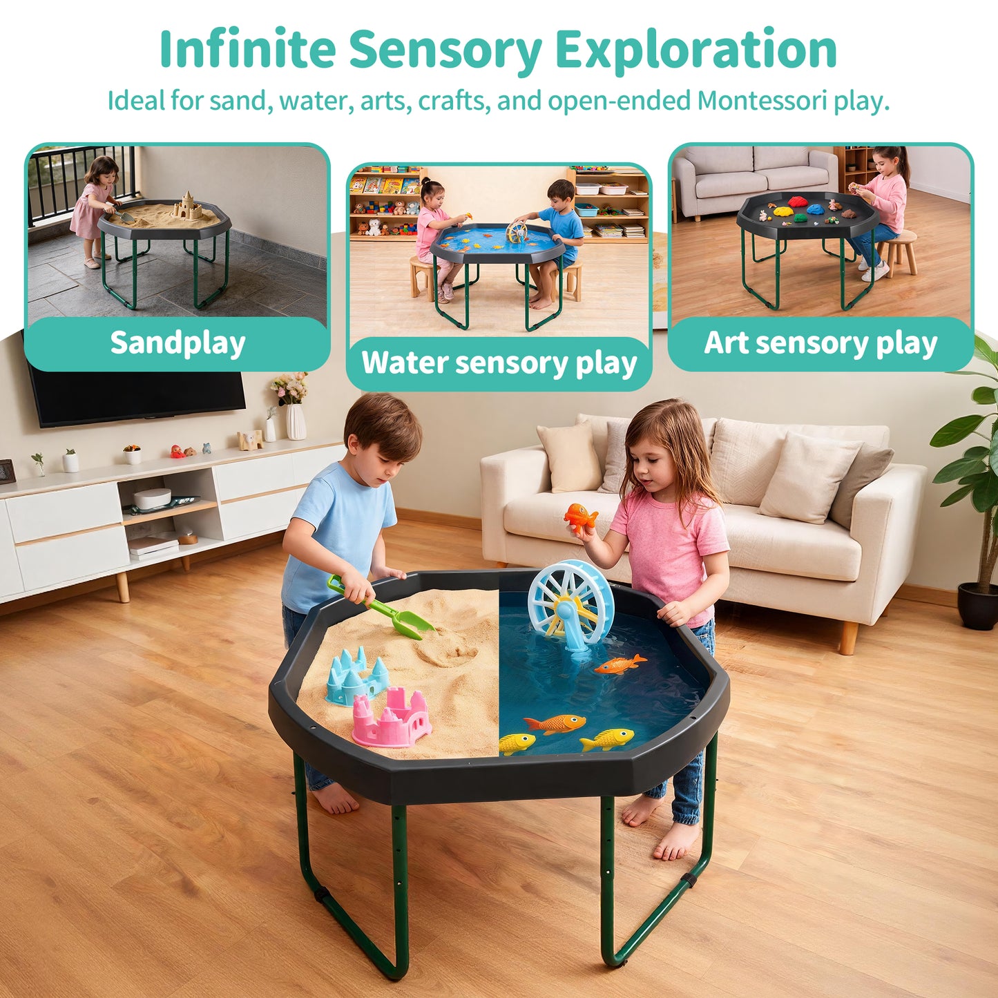 Adjustable Tuff Tray Sensory Activity Table with Stand & Artificial Turf Mat – 120cm Kids' Play & Learning Tray