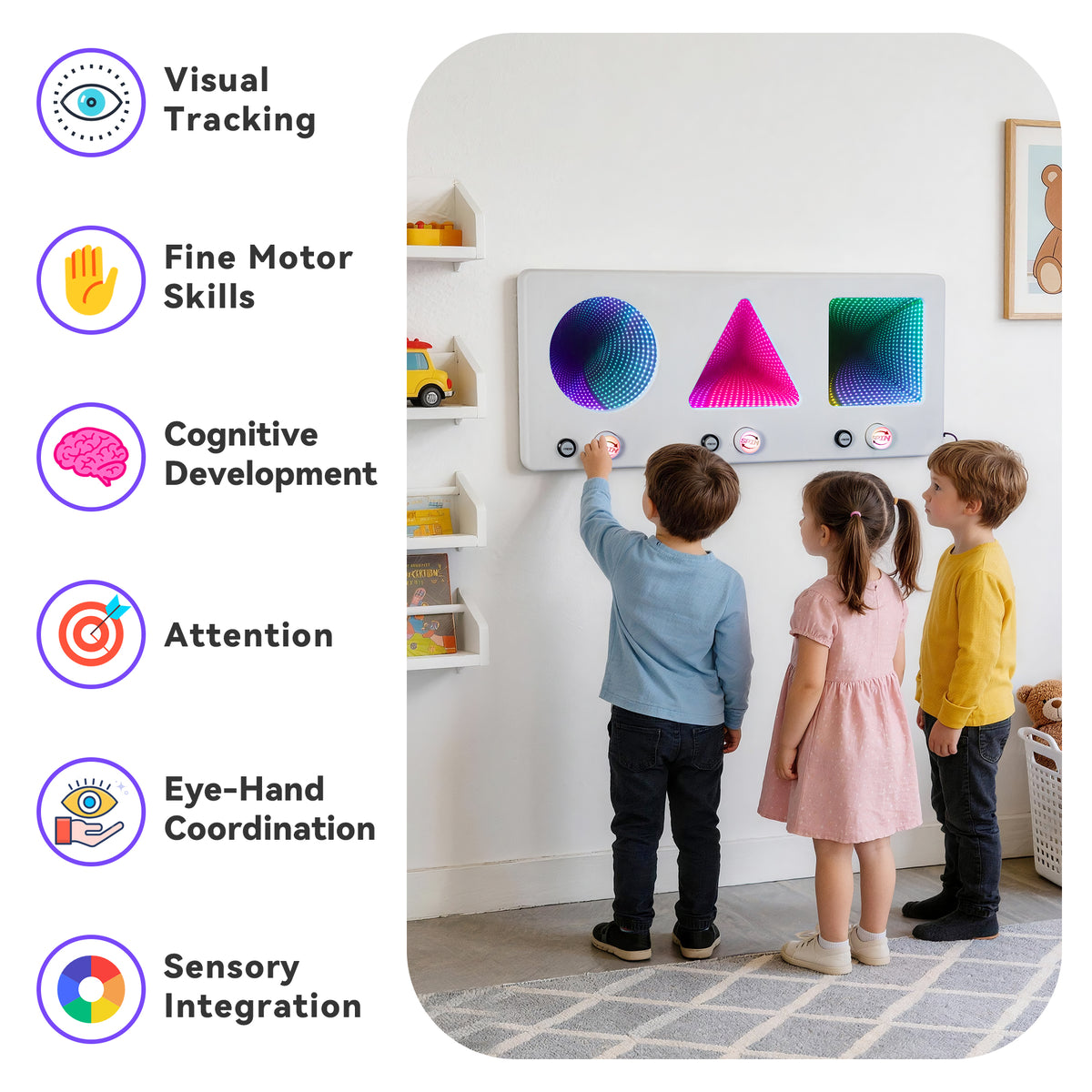 3-in-1 Interactive LED Infinite Sensory Wall Panel with Press & Spin Controls – Visual-Tactile Learning Tool for Kids, Sensory Rooms, Schools, Playgrounds, and Home Use