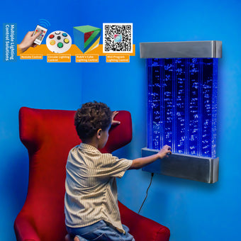 Wall-Mounted LED Bubble Wall Panel (24”×16”) – Stainless Steel Sensory Water Feature with Floating Fish, Vertical Bubble Stripes & Smart App Control