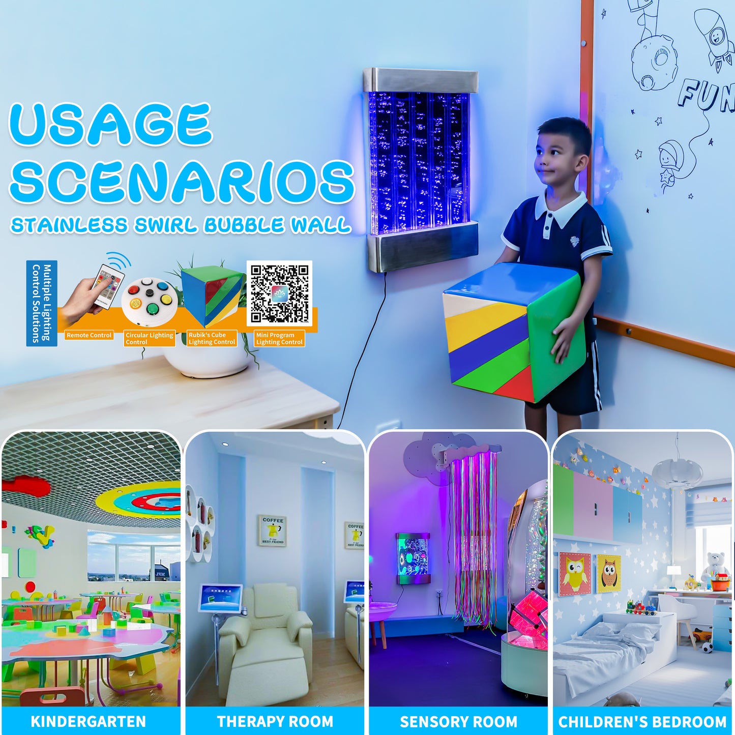 Wall-Mounted LED Bubble Wall Panel (24”×16”) – Stainless Steel Sensory Water Feature with Floating Fish, Vertical Bubble Stripes & Smart App Control