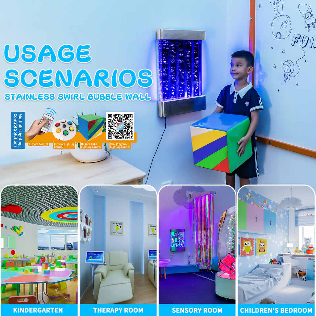 Wall-Mounted LED Bubble Wall Panel (24”×16”) – Stainless Steel Sensory Water Feature with Floating Fish, Vertical Bubble Stripes & Smart App Control