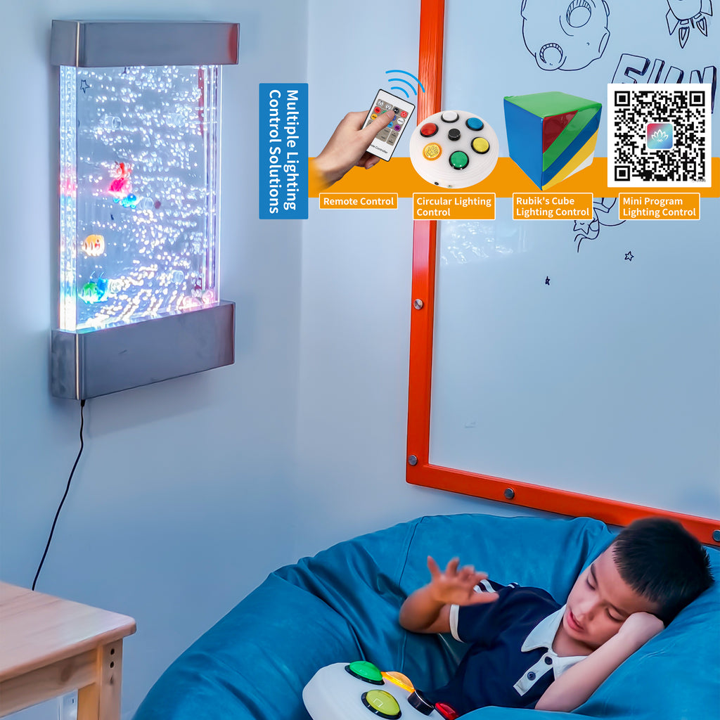 16″ × 24″ Stainless Steel LED Bubble Wall with Fish – Indoor Sensory Water Wall for Kids & Therapy Rooms (Round Display)