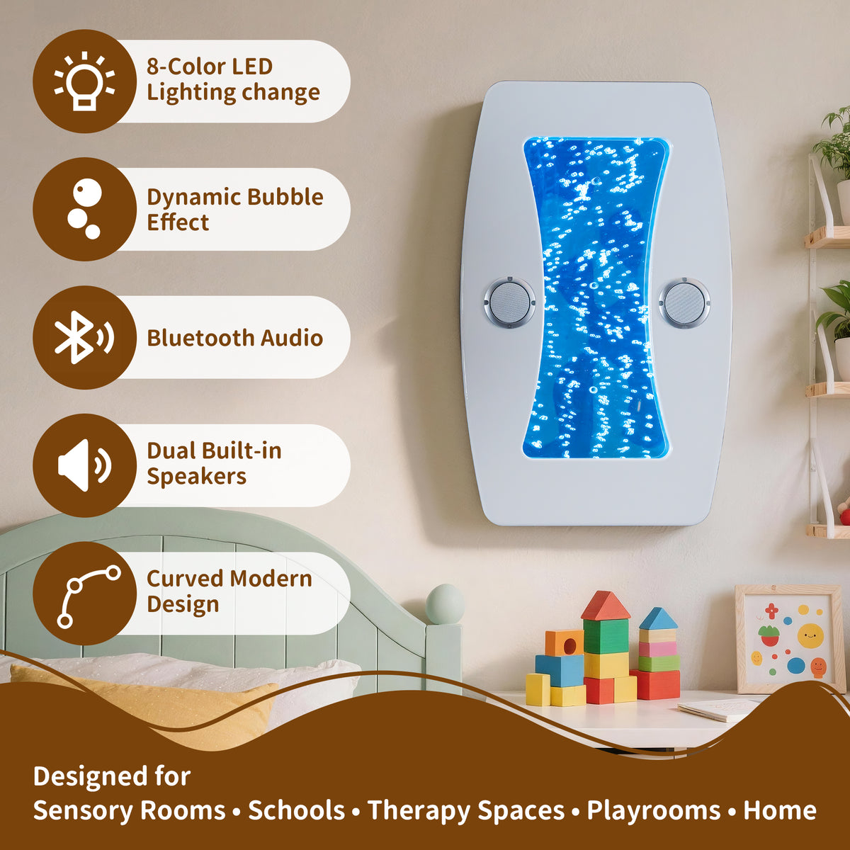 Bluetooth Musical Curved Sensory Bubble Wall Light (80x50cm) – Wall-Mounted LED Bubble Column with Built-In Surround Speakers, FM & Remote Control for Snoezelen & Sensory Rooms