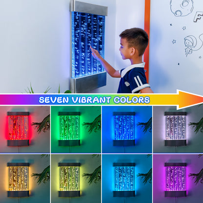 Wall-Mounted LED Bubble Wall Panel (24”×16”) – Stainless Steel Sensory Water Feature with Floating Fish, Vertical Bubble Stripes & Smart App Control
